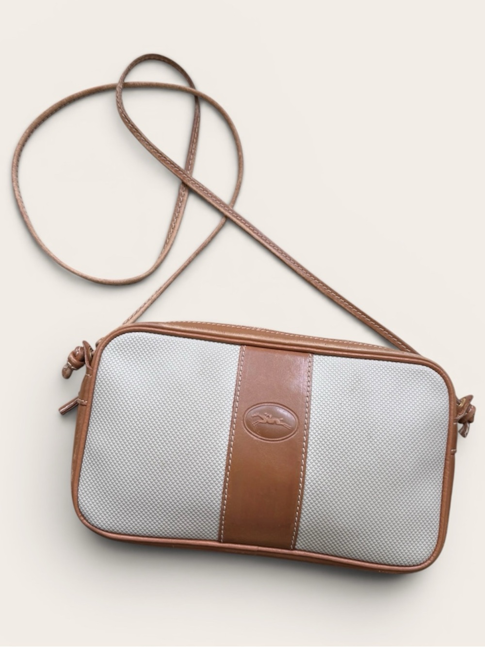 Vintage Longchamp Crossbody Bag in textured Cream and Brown Leather